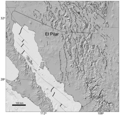 Mapa mostrando las principales estructuras de la provincia extensional Basin and Range en el noroeste de M&eacute;xico y suroeste de Estados Unidos (modificado de [7]).