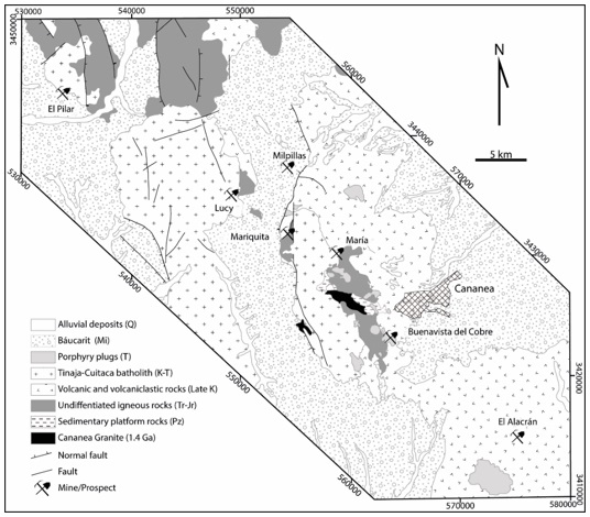 Mapa geol&oacute;gico del distrito de Cananea mostrando la distribuci&oacute;n de las principales unidades litol&oacute;gicas, rasgos estructurales y la ubicaci&oacute;n de los dep&oacute;sitos de p&oacute;rfido de cobre (Tomado de [8]).