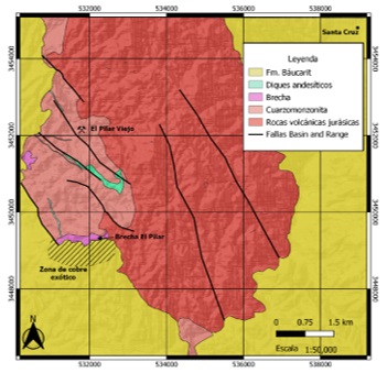 Mapa geol&oacute;gico del &aacute;rea del prospecto El Pilar, modificado de [10] y [11].