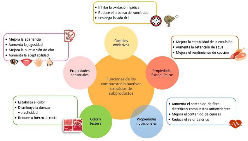 Diagrama esquem&aacute;tico que muestra los efectos de los compuestos bioactivos sobre los atributos de calidad de la carne y los productos c&aacute;rnicos.