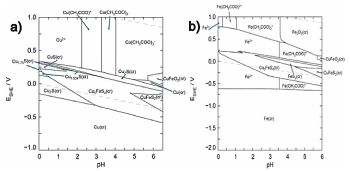 Diagrama de Pourbaix del sistema CuFeS2-CH3COO-- H2O que muestra las zonas de estabilidad de las especies de a) Cu y b) Fe a una temperatura de 25&deg;C. Las concentraciones usadas para la construcci&oacute;n del diagrama fueron 0.1, 0.1 y 0.2*10-5 M de Cu, Fe y S respectivamente y 2 M de CH3COO-. 