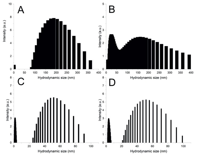Hydrodynamic diameters of gold seeds (A), Nanospheres (B), Nanorods (C), and Nanostars (D).