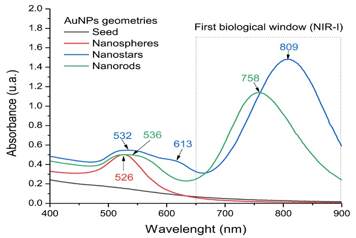 Absorbance spectrum of AuNPs of different geometries