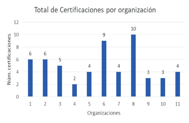 Total de certificaciones por organizaci�n. Fuente: elaboraci�n propia en base a datos recopilados en la investigaci�n.