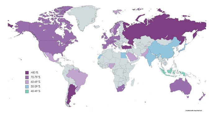 Porcentaje de consumo de l�cteos de acuerdo con la encuesta de Global Consumer Survey de Statista, 2021 [16].