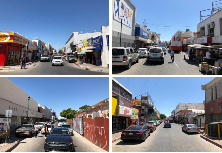 Estado actual de la Avenida Plutarco El�as Calles. Arriba: vista desde la calle Ju�rez hacia la calle Matamoros (izquierda) y desde la calle Matamoros hacia la calle Ju�rez (derecha). Abajo: vista desde la calle Matamoros a la Garmendia (izquierda) y desde la calle Garmendia hacia la Matamoros (derecha).