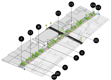 Vegetaci�n y arbolado; B. Infraestructura verde; C. Mobiliario urbano: C.1 Bancas; C.2 Basureros; C.3 Bebederos; C.4 Biciestacionamientos; C.5 Paradas de autob�s; D. Dispositivos de control de tr�nsito: D.1 Se�alizaci�n vertical; D.2 Se�alizaci�n horizontal; D.3 Dispositivos diversos; E. Pavimentos; F. Iluminaci�n y G. Sistema de orientaci�n.
