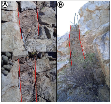 Fotograf�as representativas de los diques intermedios de la ISPN. (A) Ejemplares centim�tricos en dioritoide. (B) cuerpo de 1m de espesor en granitoide.