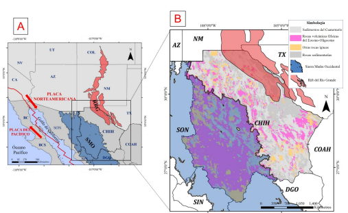 (A) Mapa regional del norte de Mxico y del SW de EUA. (B) Mapa geolgico regional del Estado de Chihuahua que muestra la distribucin de las rocas volcnicas de composicin flsica de edad Eoceno-Oligoceno. La cartografa de las litologas fue obtenida de las cartas geolgicas, a escala 1:250 000 recopiladas del sitio GeoInfoMex del Servicio Geolgico Mexicano [9]. La provincia de la Sierra Madre Occidental se obtuvo del Sitio del INEGI [10]. La delimitacin del Rift del Ro Grande corresponde a los sedimentos plio-cuaternarios asociados a este rift [11]. Otras rocas gneas se refiere a rocas de cualquier otra edad o composicin a la de inters. BC: Baja California, BCS: Baja California Sur, SON: Sonora, SIN: Sinaloa, DGO: Durango, COAH: Coahuila, TX: Texas, NM: Nuevo Mxico, COL: Colorado, AZ: Arizona, UT: Utah, NV: Nevada, CA: California RRG: Rift del Ro Grande (sedimentos asociados), SMO: Sierra Madre Occidental.