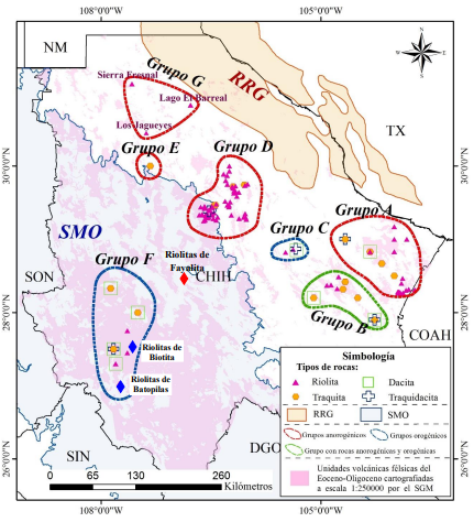Mapa de distribucin de datos donde se representan las muestras de rocas volcnicas de composicin flsica y de edad Eoceno tardo-Oligoceno, distinguindolas de acuerdo con su clasificacin petrolgica. Se muestran tambin los grupos petrolgicos establecidos en base a la distribucin geogrfica. SON: Sonora; SIN: Sinaloa, DGO: Durango, COAH: Coahuila, TX: Texas, NM: Nuevo Mxico, RRG: Rift del Ro Grande (sedimentos asociados), SMO: Sierra Madre Occidental (Provincia Fisiogrfica). La cartografa de las unidades volcnicas flsicas fue obtenida de las cartas geolgicas en formato shapefile, a escala 1:250 000 recopiladas de GeoInfoMex del Servicio Geolgico Mexicano [7], y modificadas para esta investigacin. La extensin de la provincia de la Sierra Madre Occidental se obtuvo del Sitio del INEGI [11]. La delimitacin del rift del Ro Grande corresponde al lmite espacial de los sedimentos plio-cuaternarios asociados a este rift [15], se utiliza para representar la extensin de los productos asociados a esta provincia en Chihuahua.