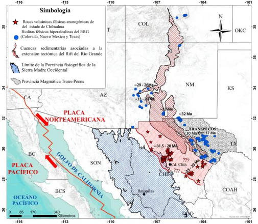 Mapa de distribucin espacial de las rocas flsicas anorognicas del estado de Chihuahua (estrellas rojas) y de las rocas flsicas hiperalcalinas (crculos azules), identificadas mediante la recopilacin bibliogrfica. La provincia fisiogrfica de la Sierra Madre Occidental se obtuvo del Sitio del INEGI [10]. La delimitacin del Rift del Ro Grande es una modificacin de Villarreal-Fuentes et al. [11], donde se representa el lmite espacial de los sedimentos plio-cuaternarios asociados a este Rift. La delimitacin de la Provincia del Trans-Pecos fue obtenida de Cook [23].
