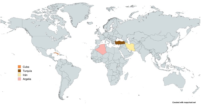 Mapa del mundo que muestra en color los pa�ses de donde provienen las muestras del prop�leos, cuyo efecto se ha estudiado sobre el ciclo celular en el c�ncer de mama. Imagen creada con mapchart.net