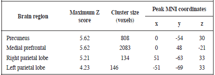 Group statistics of the DMN activation (FEW < .05 corrected, extent threshold k
= 10 voxels)