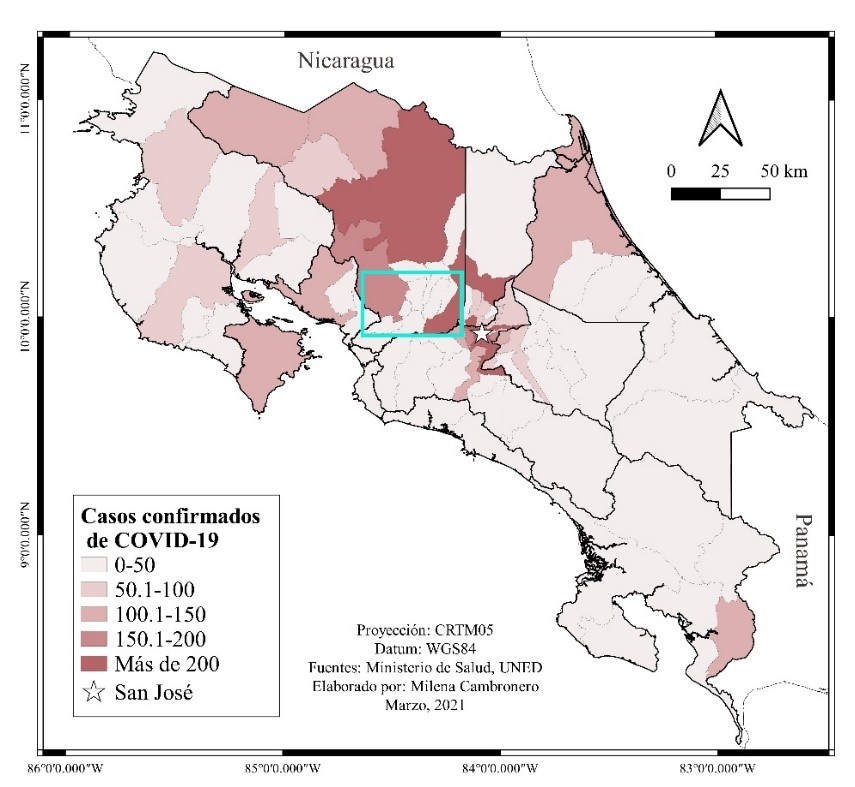 Número de casos confirmados de COVID-19 en Costa Rica (por cantón) al 13 de julio del 2020. Número total de casos: 7853. El recuadro celeste indica el área de estudio de esta investigación, al sur de la provincia de Alajuela.
