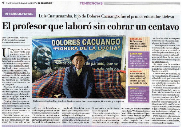 Recorte del diario El Comercio sobre el profesor Luis Cuatucuamba.