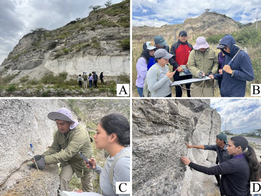 Actividades realizadas en el aula invertida: A. Explicaci�n de la estructura del afloramiento en el campo. B. Descripci�n de las principales estructuras observadas en el afloramiento. C. Explicaci�n de la recolecci�n de datos con una br�jula. D. Estudiantes recolectando datos en el campo.