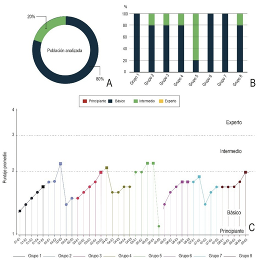 Resultados de la evaluaci�n diagn�stica. A. Resultados para la poblaci�n total. B. Resultados por grupos de trabajo. C. Resultados individuales.