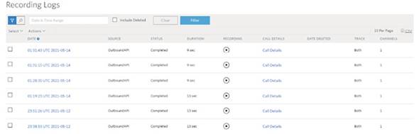 Lista de grabaciones hechas para las pruebas solicitadas