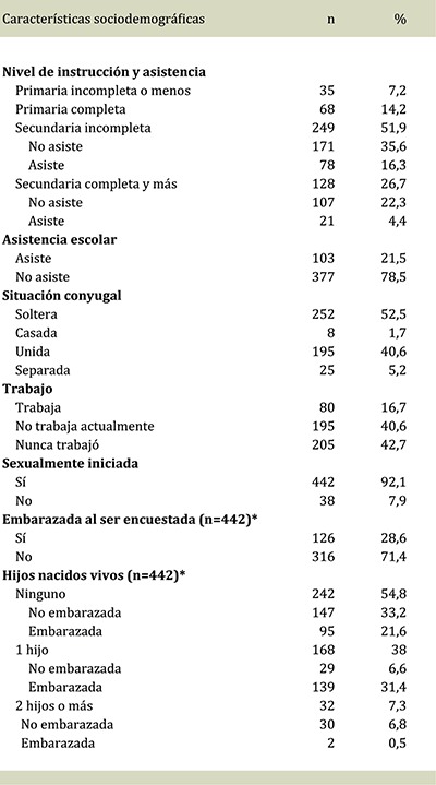 Características sociodemográficas de las adolescentes de 18 y 19 años encuestadas (n=480). Ciudades de Resistencia (Chaco), Posadas (Misiones), Santiago del Estero (Santiago del Estero) y regiones sanitarias V y VII (Buenos Aires), 2012.