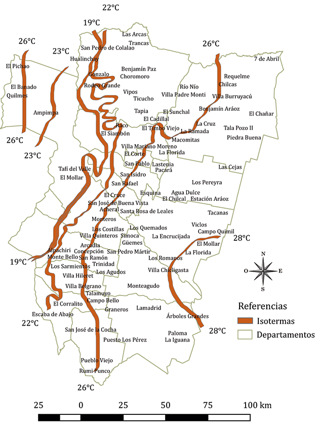 Isotermas de temperaturas máximas medias anuales y localidades georeferenciadas relevadas. Provincia de Tucumán, Argentina, 2012