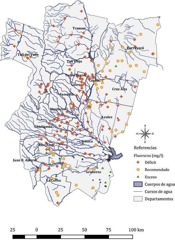 Distribución geográfica de cursos de agua y concentraciones de fluoruros clasificadas en tres tipos: déficit, recomendado y exceso. Provincia de Tucumán, Argentina, 2008-2012.