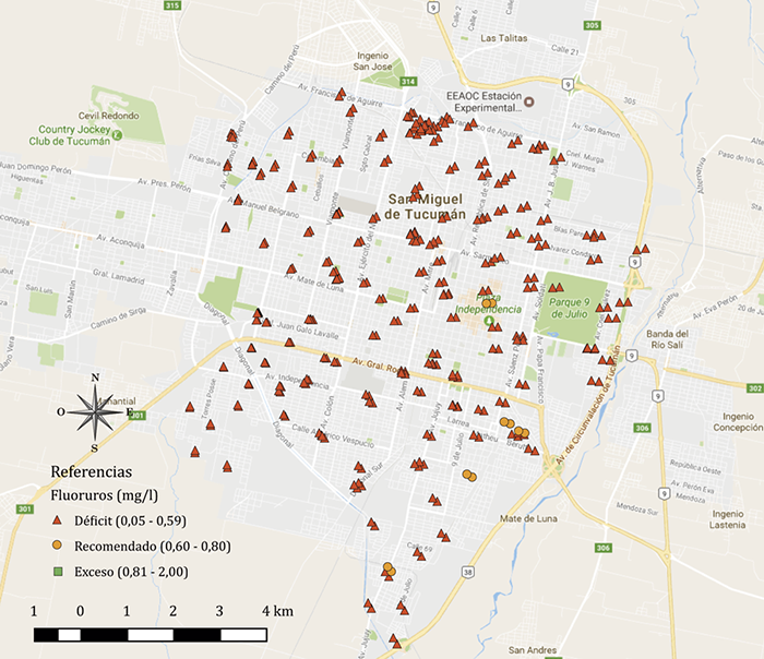 Distribución geográfica de concentraciones de fluoruros en agua de red de San Miguel de Tucumán clasificada en tres tipos: déficit, recomendado y exceso. Provincia de Tucumán, Argentina, 2008-2012.