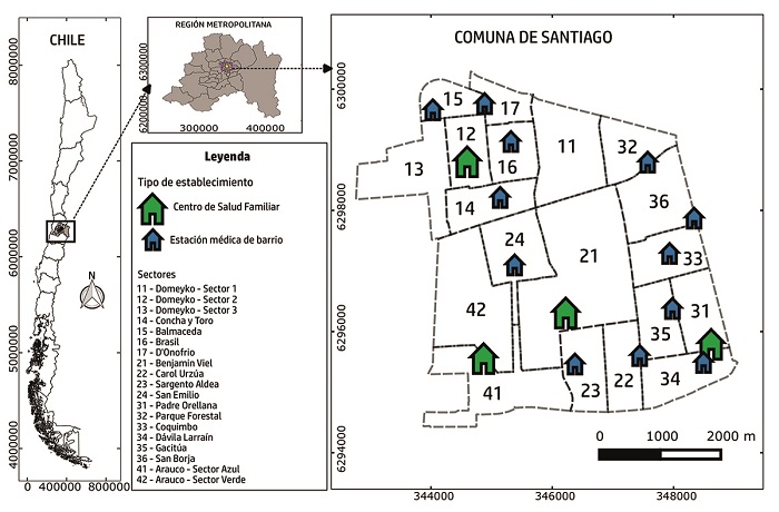 Distribución de los establecimientos de atención primaria de salud y sus respectivos sectores de cobertura. Municipio de Santiago, Chile, 2014