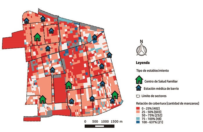 Distribución de la cobertura del tratamiento de pacientes con hipertensión arterial, con relación a la prevalencia esperada en la población inscrita en los establecimientos de atención primaria de salud. Municipio de Santiago, Chile, 2014