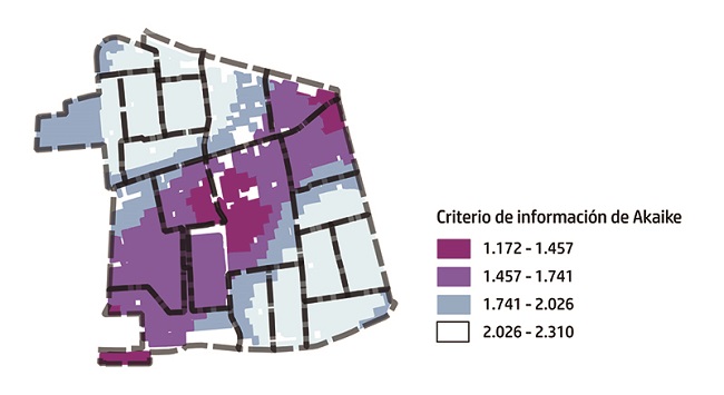 Distribución del indicador de bondad de ajuste del criterio de información de Akaike para el modelo de regresión Poisson ponderada geográficamente. Municipio de Santiago, Chile, 2014