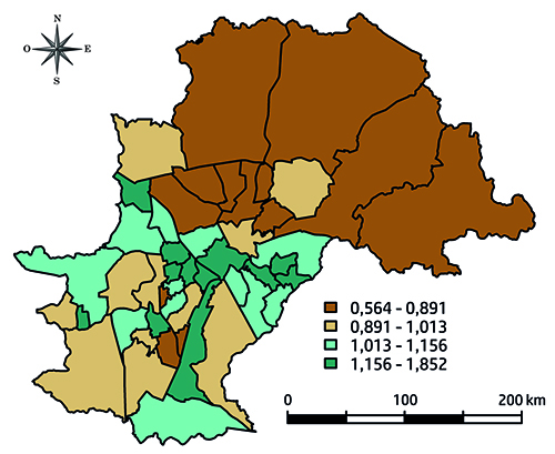 Raz&oacute;n de morbilidad estandarizada (RME) para c&aacute;ncer en ni&ntilde;as, ni&ntilde;os y adolescentes de 0 a 19 a&ntilde;os de edad, seg&uacute;n &aacute;rea de unidad sanitaria. Campinas, San Pablo, Brasil, 1996-2005
