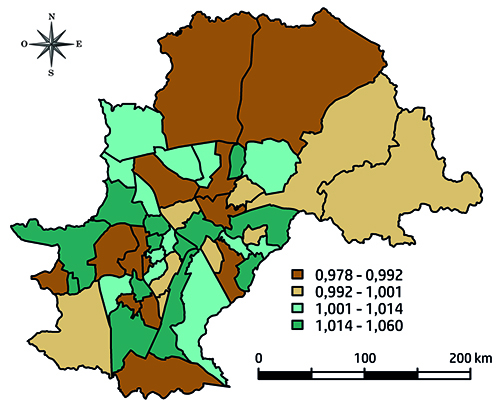 Riesgo relativo de c&aacute;ncer estimado entre personas de 0 a 19 a&ntilde;os seg&uacute;n &aacute;rea de unidad sanitaria. Campinas, San Pablo, Brasil, 1996-2005