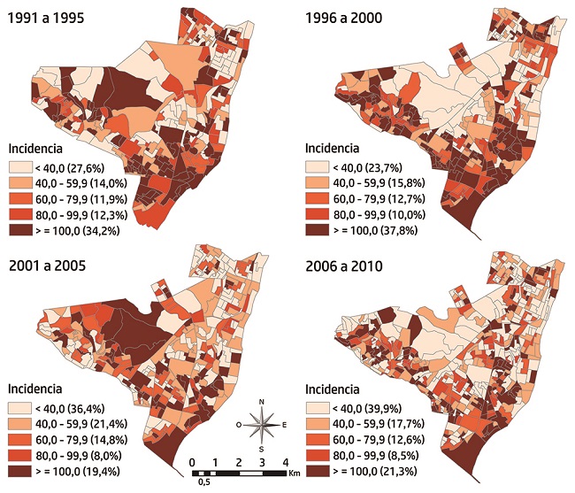 Incidencia de tuberculosis (por 100.000 habitantes) según sector censal de residencia. Olinda, Pernambuco, Brasil. 1991-2010