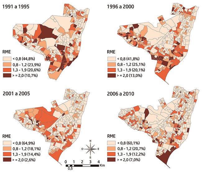 Distribución de la tuberculosis por sector censal de residencia, según razón de morbilidad estandarizada. Olinda, Pernambuco, Brasil. 1991-2010