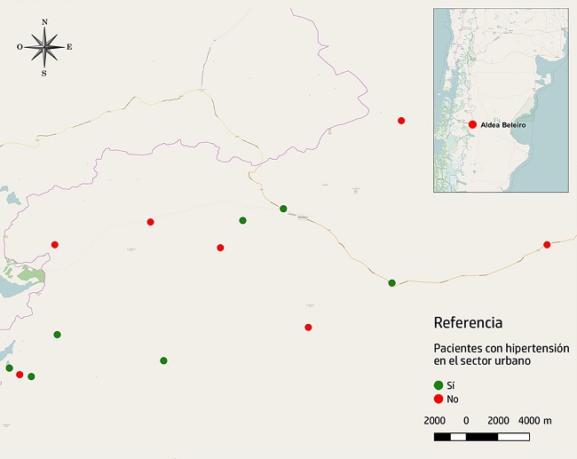 Distribuci&oacute;n espacial de pacientes con hipertensi&oacute;n en el &aacute;rea Aldea Bele&ntilde;o. Mapeos generados a partir de la georreferenciaci&oacute;n de datos de las planillas de familia en papel. Provincia de Chubut, Argentina, 2013
