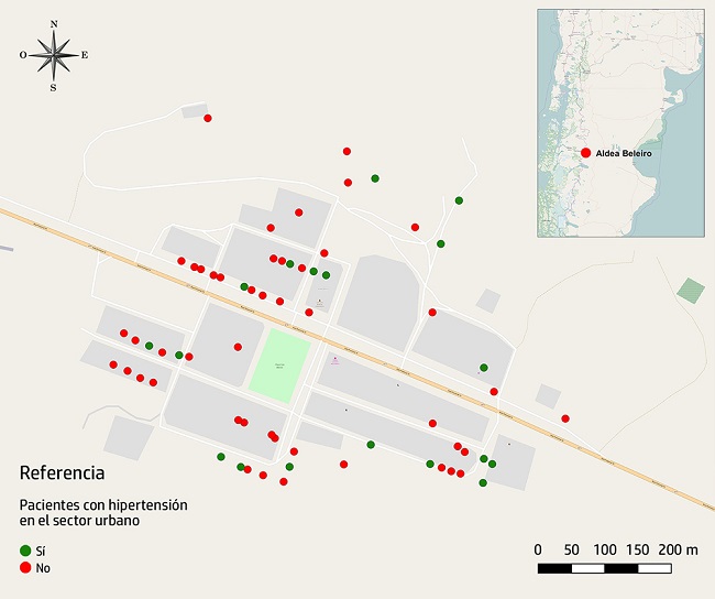 Distribuci&oacute;n espacial de pacientes con hipertensi&oacute;n en el &aacute;rea Aldea Bele&ntilde;o. Mapeos generados a partir de la georreferenciaci&oacute;n de datos de las planillas de familia en papel. Provincia de Chubut, Argentina, 2013