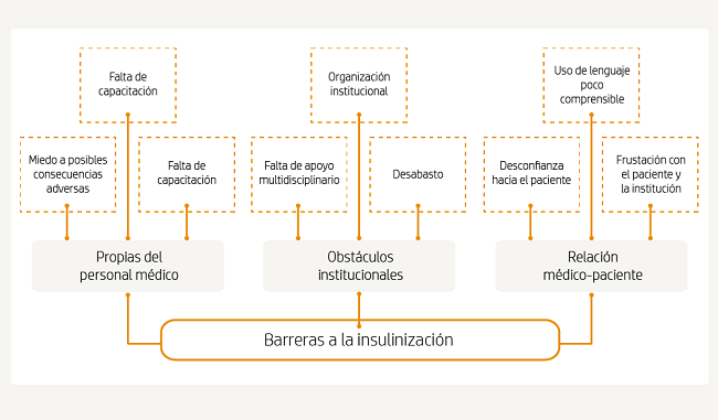 Esquema descriptivo de las barreras a la insulinización reportadas por los participantes del estudio. Ciudad de Xalapa, Veracruz, México, 2015 y 2016