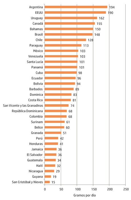 Disponibilidad diaria de carne roja por habitante, seg&uacute;n pa&iacute;s. Am&eacute;rica, 2010.