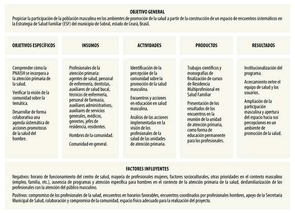 Modelo lógico de intervención: relación entre objetivos, insumos, actividades, productos, resultados y factores influyentes.