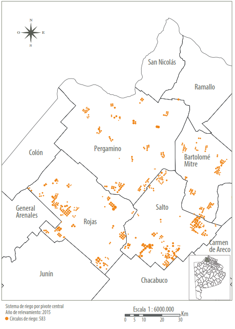 Distribuci&oacute;n espacial de la superficie irrigada con equipos de pivote central en partidos del norte de la provincia de Buenos Aires, 2015.