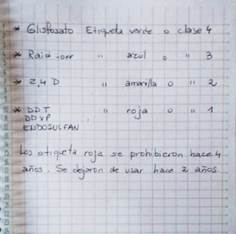 Listado de plaguicidas e insecticidas agr&iacute;colas y hogare&ntilde;os elaborado por un ingeniero agr&oacute;nomo y yerno de una de las docentes entrevistadas. En &eacute;l se indica la &ldquo;clase&rdquo; de peligrosidad de cada uno de estos productos. Santa Fe, Argentina, 2020