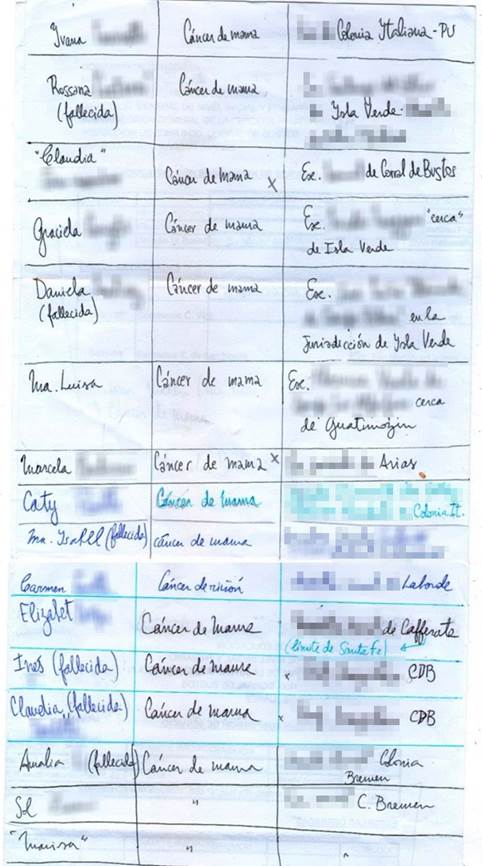 Listado con nombres propios de maestras rurales enfermas o fallecidas por c&aacute;ncer elaborado a lo largo del trabajo de campo. Se encuentran pixelados los apellidos y nombres de las instituciones educativas donde trabajaban las docentes. Santa Fe, Argentina, 2020.