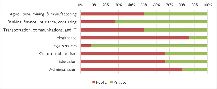 Proportions of public and private institutions across each activity secto