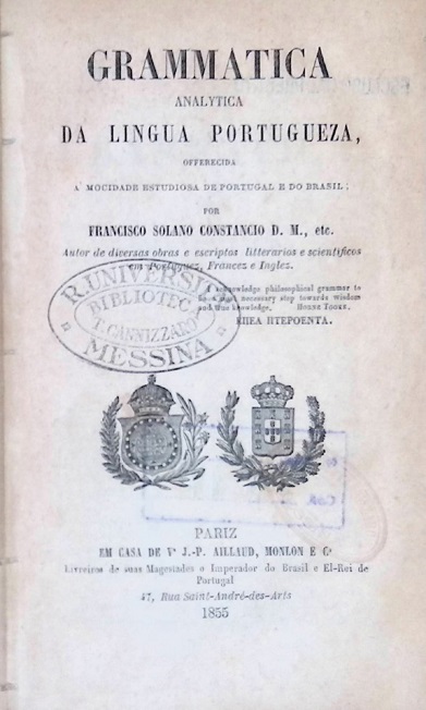 Frontisp�cio da Grammatica Analytica da Lingua Portugueza, de Francisco Solano Const�ncio (1855)