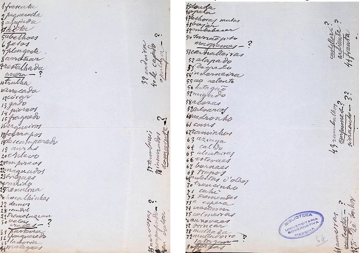 Lista de Cannizzaro com as 80 palavras, mais os apontamentos � margem de Lemos (ff. 64r-64v)
