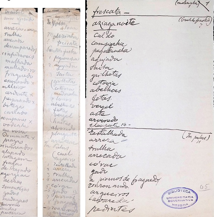 Rascunhos das listas (Ms. FN 440 - ff. 60r; 56r; 65r)