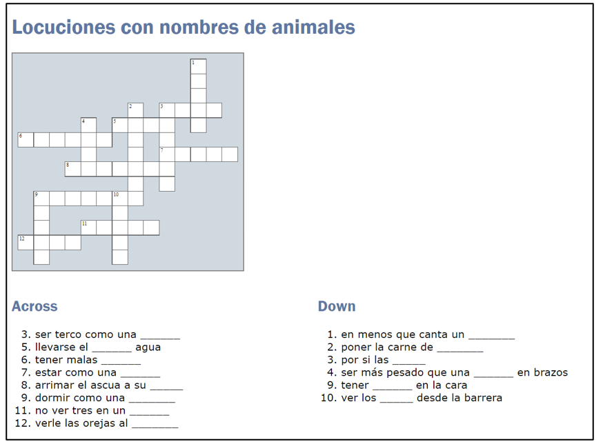 Palavras-cruzadas definidas por locu&ccedil;&otilde;es