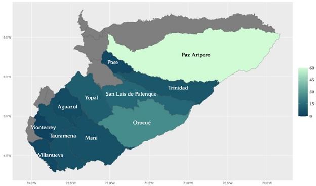 N�mero de casos a nivel municipal - Casanare (2008-2020)