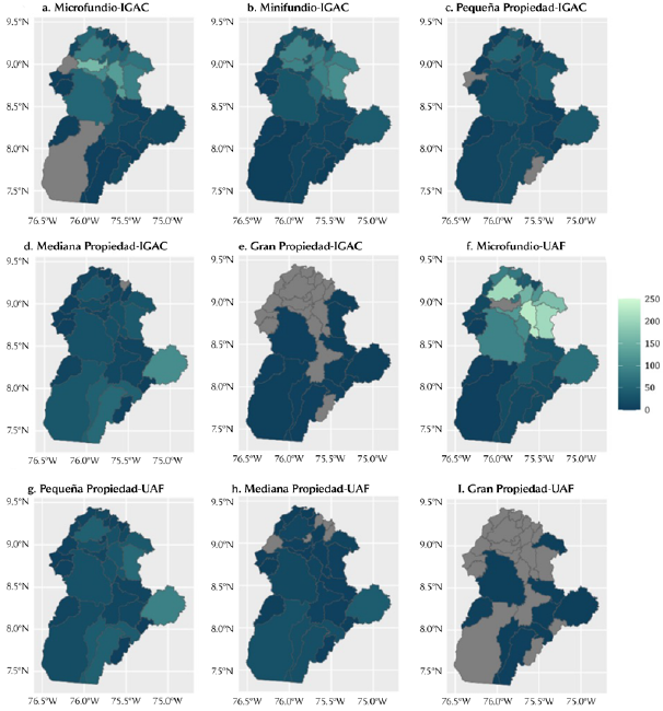 Distribuci�n de predios por extensi�n seg�n IGAC y �AF en C�rdoba (1991-2015)