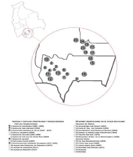 Ubicación actual de las iglesias y capillas en Tarija y de las Misiones en el Chaco boliviano fundadas por los franciscanos