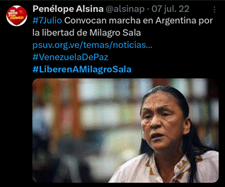  Tweet hashtag #LiberenAMilagroSala